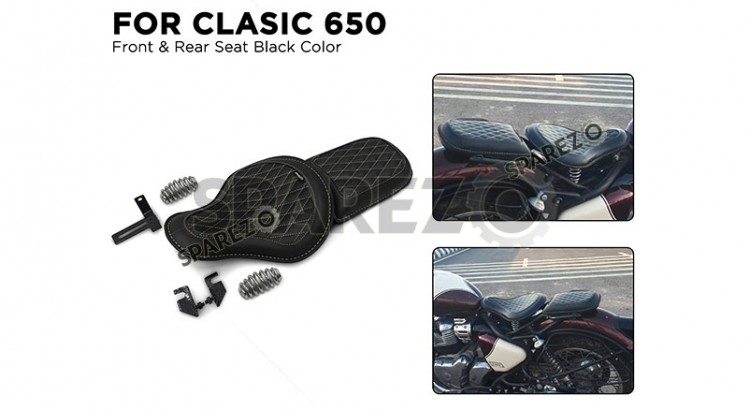 For Royal Enfield Classic 650 Genuine Leather Front and Rear Seat Black Color - SPAREZO